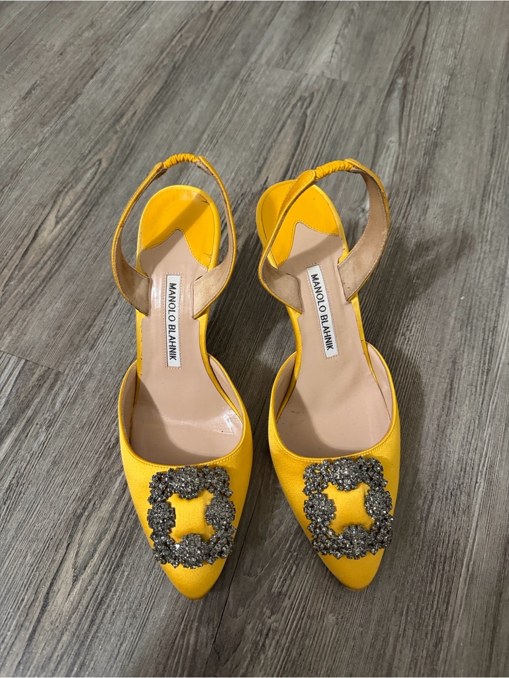 Manolo Blahnik Yellow Crystal-Buckle Slingback Pumps